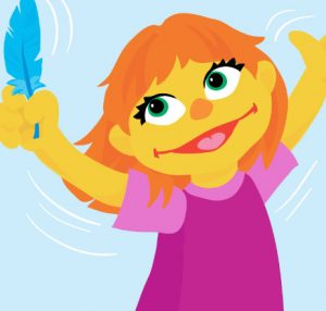 Storybook image of Julia, a Sesame Street Muppet with autism