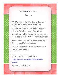 May 2017 Parents Night Out South New Jersey May 2017 schedule family services respite