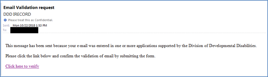 screen shot of email for validation