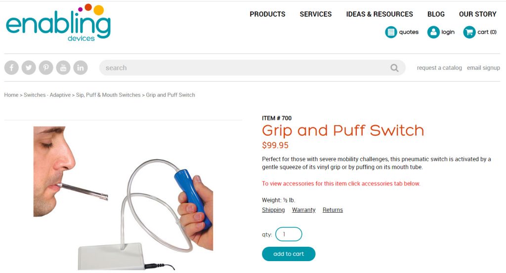 Grip and puff switch assistive technology